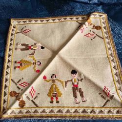 Vtg Bulgarian Folk Art Cross Stitch Handkerchief Linen Embroidered Horo Dancers