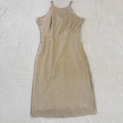 French Linen Stripe Bow Back Midi Dress Open Back Size S First Monday Summer