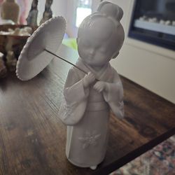 The image shows a vintage porcelain figurine of a Japanese woman holding a parasol or umbrella.