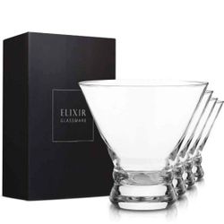 NEW! EXILIR 9oz Stemless Martini Glasses, Set of 4,  (ripped box, product  perfect)