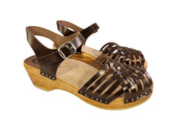 MINT WOODEN BROWN WEAVED LEATHER ANKLE STRAP SANDALS WOMEN 39/ 9 BY TROENTORP