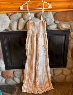 MagicLinen Striped Linen Jumpsuit Smocked Wide Leg Beige Cream (100% Linen)