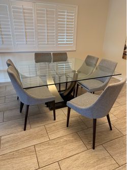 Glass and metal base square dining table & chairs