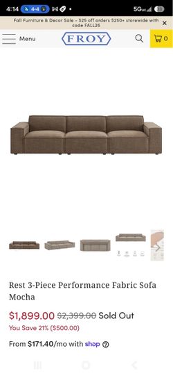 MUST GO! 3 months Old Froy Rest 3-Piece Fabric Sofa Mocha