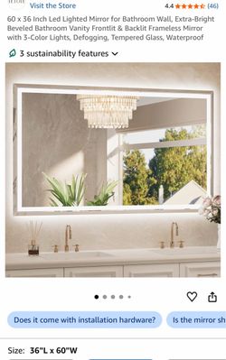60 x 36 Inch Led Lighted Mirror for Bathroom Wall, Extra-Bright Beveled Bathroom Vanity Frontlit & Backlit Frameless Mirror with 3-Color Lights, Defog