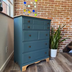Coastal Modern Solid Maple Dresser – Blue Finish, Natural Wood Top, Vintage Style - Free Delivery!