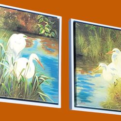 2 Beautiful Egret Oil on Canvas Paintings by P. Charles 26" x 20" Each Coastal Florida Art Set