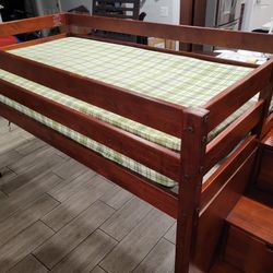 JACKPOT! Contemporary Low Loft Twin Bed with a 3 Drawer Stairway and Slide, Cherry
