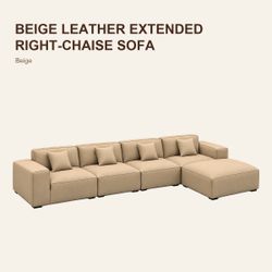 Beige Leather Extended Right-Chaise Sofa – Beige