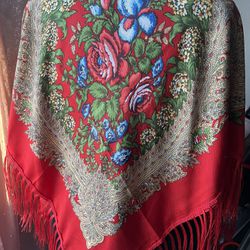 Beautiful red russian shawl with fringe