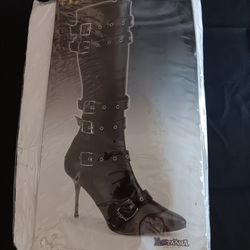 Women's Halloween Black Sexy Strappy Knee Boots with 3 3/4"1 heel