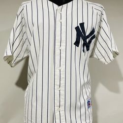 Vtg 90s Russell New York Yankees White Pinstripe Sewn Jersey Mens L Made In USA