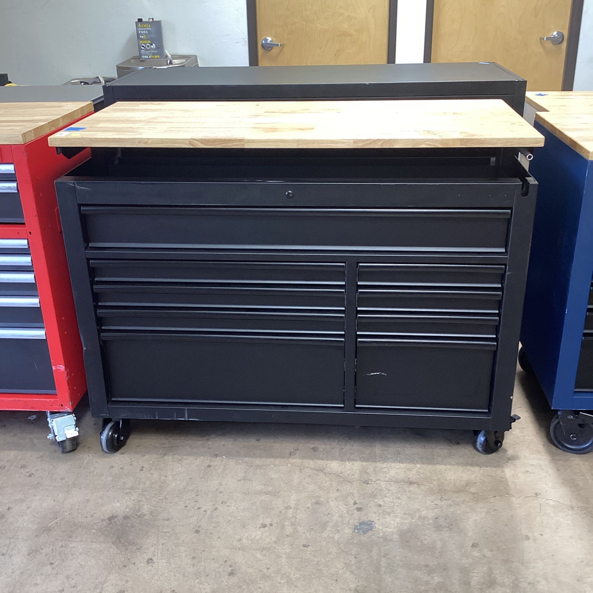 (Used Good) Husky 52 in. W x 25 in. D Heavy Duty 9-Drawer Mobile Workbench Cabinet with Adjustable-Height Hardwood Top in Matte Black