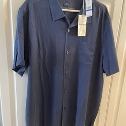 NWT Men’s Tommy Bahama 100% Silk Catalina Twill Navy Blue Short Sleeve Button Down - Size XL