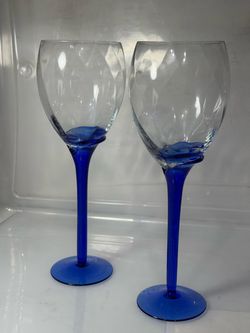Vintage Wine Glasses with Cobalt Blue Stems, Set of 2