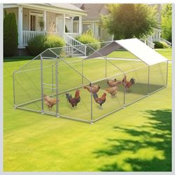 New in box Large Metal Chicken Coop with Run, Spire Roof Walk in Poultry Chicken House with Waterproof Cover for Outdoor (9.8' L x 19.6' W x 6.5' H), 