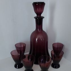 Vintage Amethyst Purple Cordial Decanter and Glasses Set