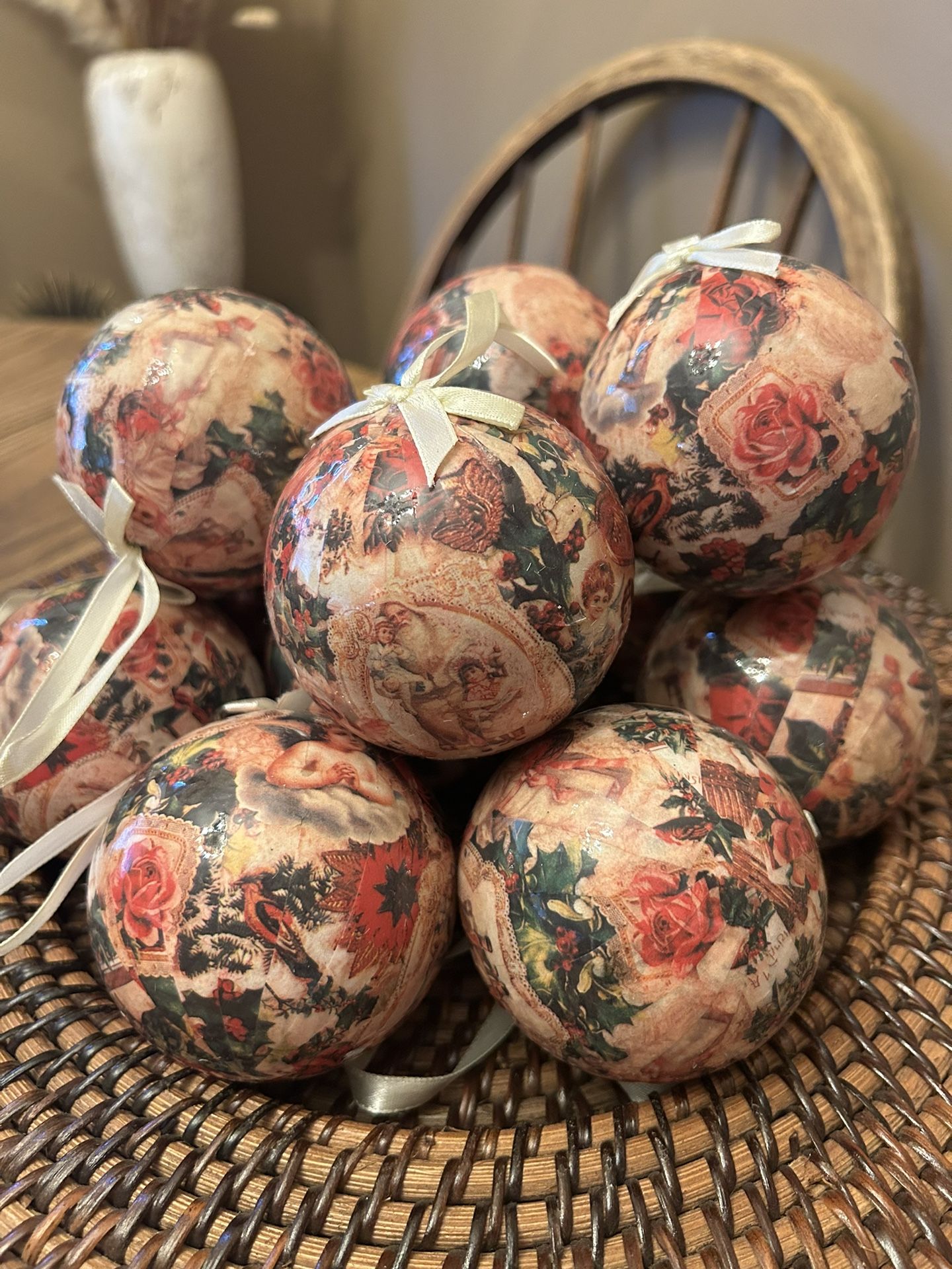 Victorian Christmas Ornaments Lot of 12 Paper Mache Decoupage Pink Floral