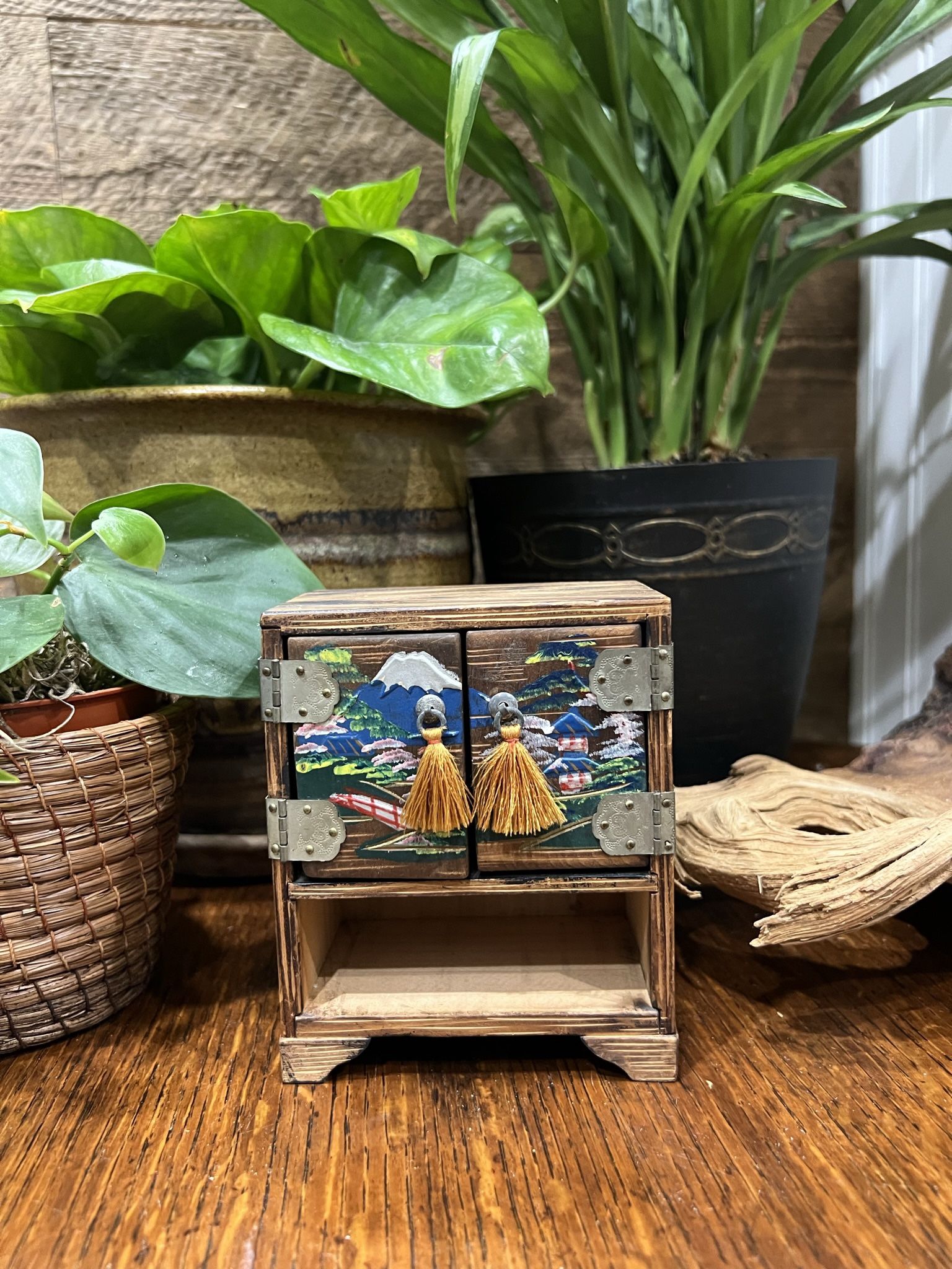 Small Vintage Asian Jewelry Wood Box Tassel Mountain Floral Caramelized Burnt Drawers