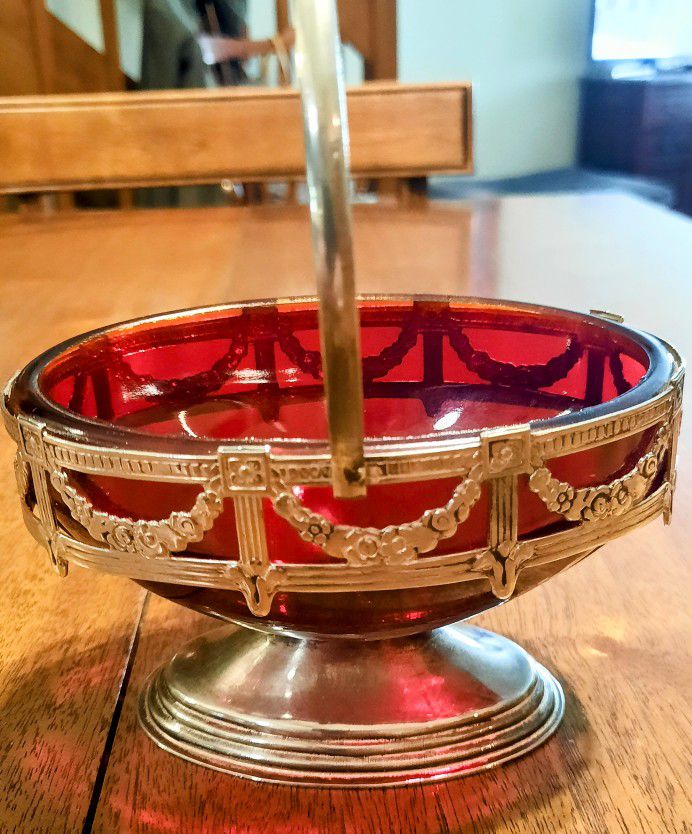 Ruby Red Art Glass Bowl On Pedestal, Ornate Nickel Frame, Wreath Design, Candy Dish, Vanity Decor, Jewelry Holder.  Cash Or PayPal. 