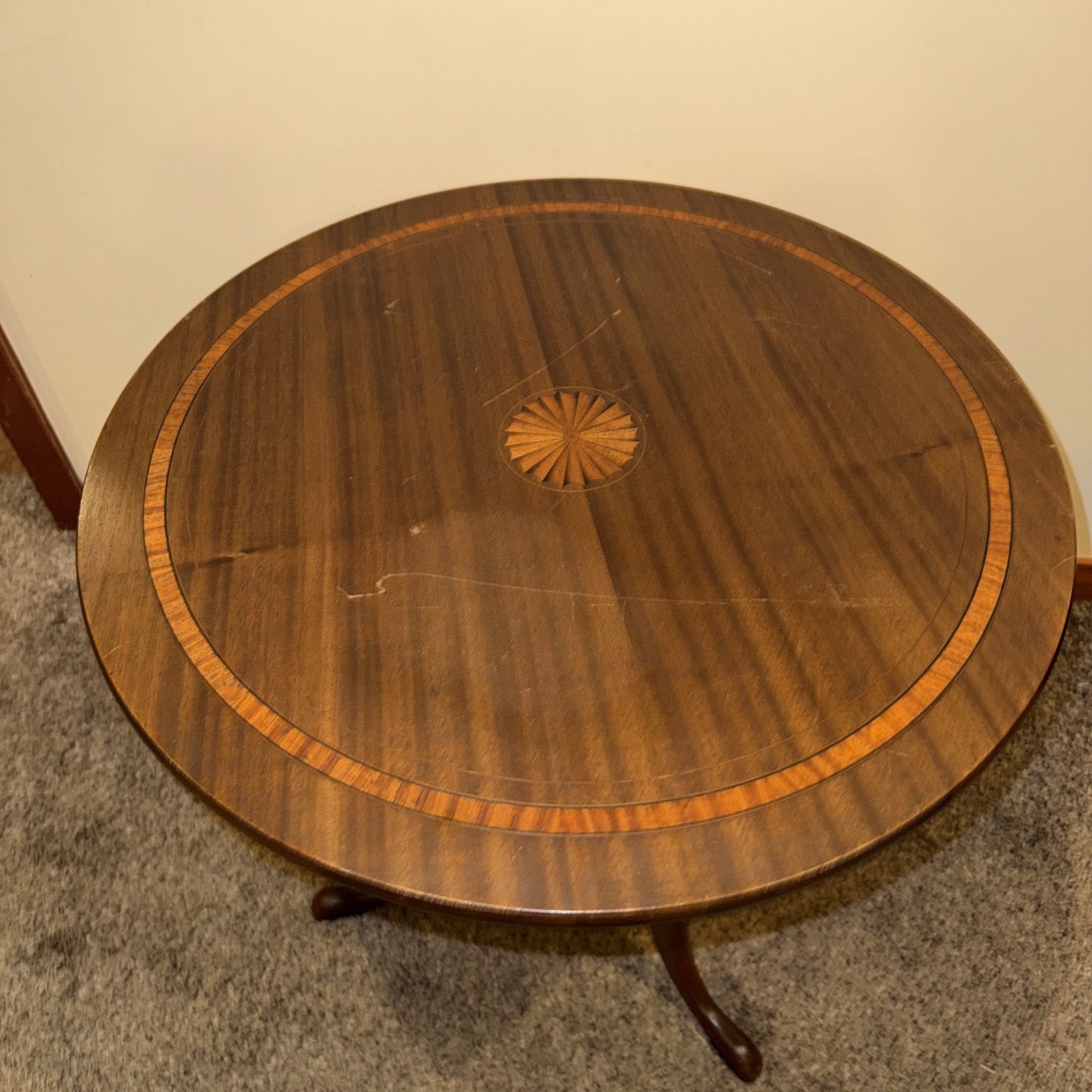 Antique Federal Style Tilt-Top Occasion Table Marquetry Inlaid Top, Tripod Base