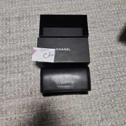 CHANEL EYEGLASS QUILTED BLACK FAUX LEATHER MAGNETIC CASE (MADE IN ITALY) WITH OUTER BOX AND CHANEL BOOKLET