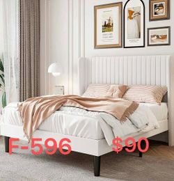 （F-596）Full Size Velvet Bed Frame with Vertical Channel Tufted Wingback Headboard, Upholstered Platform Bed