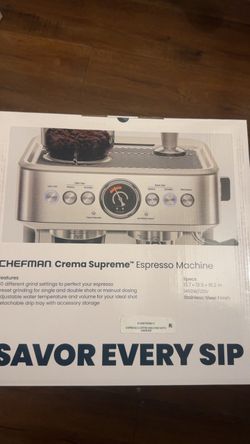 Chefman Crema Supreme Espresso Machine with Conical Burr Grinder and Steam Wand, Stainless Steel
