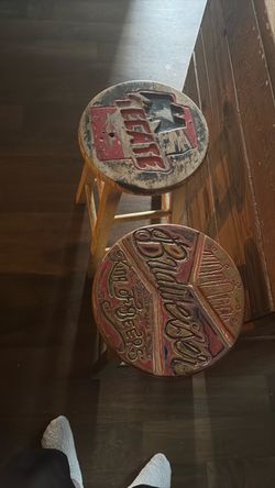 Budweiser Beer Brand Carved Wooden Bar Stools Set of 2