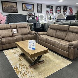 2PC Brown Sofa & Loveseat w/ Dropdown Cup holder 