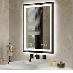 LED Bathroom Mirror, 24x32 Inch Black Framed Gradient Front and Backlit LED Mirror for Bathroom, 3 Colors Dimmable CRI>90, Enhanced Anti-Fog Wall Moun