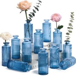ComSaf Glass Bud Vases Set of 12, Small Bud Vase in Bulk, Mini Flower Vase for Centerpiece, Vintage Decorative Vase Set for Flowers (Grey Blue)