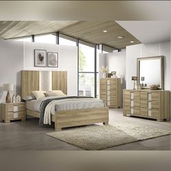 4PC Wooden Bedroom set with LED Headboard King or Queen size bed frame Dresser Mirror Night stand