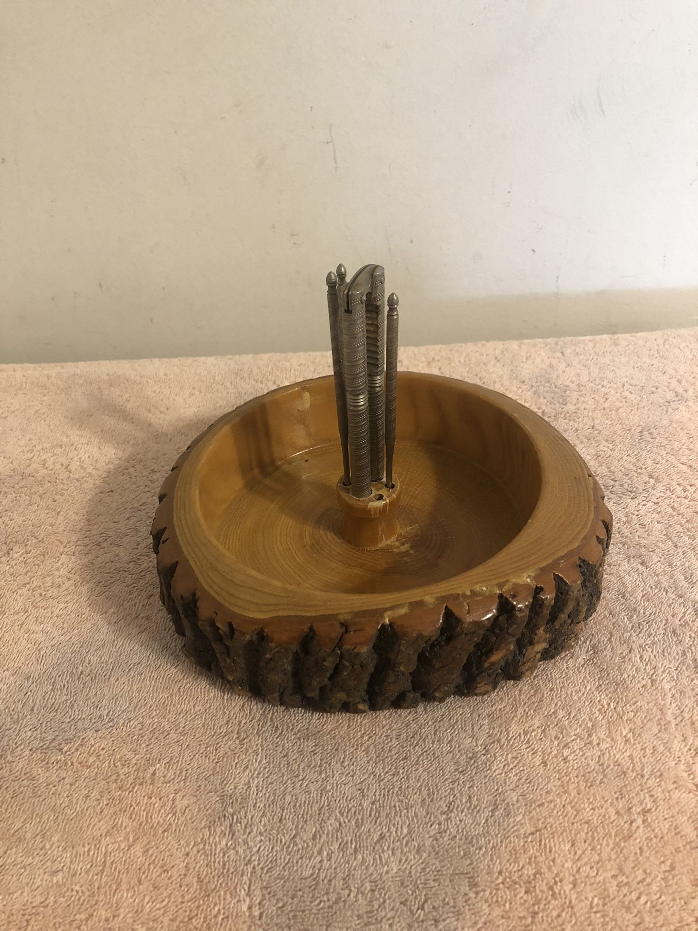 Vintage Wood Bark Nut Bowl With Nut Cracker & 3 Picks