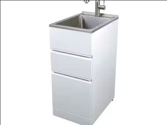 Open Box All-in-One 15.5 in. x 22.4 in. x 34.9 in. Metal Drop-In Laundry/Utility Sink and Cabinet in White