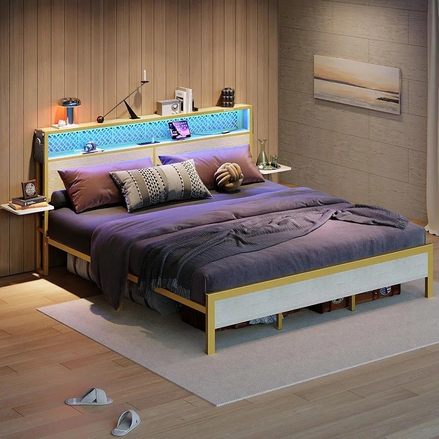 Full Size Bed Frame with Headboard and Foldable Bedside Shelves Storage, LED Platform Bed Frame with Charging Station, Non-Slip Metal Bed Frame, Nois