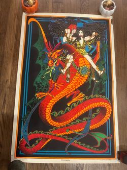 Vintage Flying Dragon 1970s Blacklight Poster 23x35