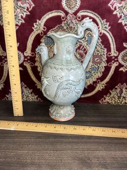 Vintage Chinese celadon-glazed ceramic ewer wine server with molded dragon and phoenix/bird