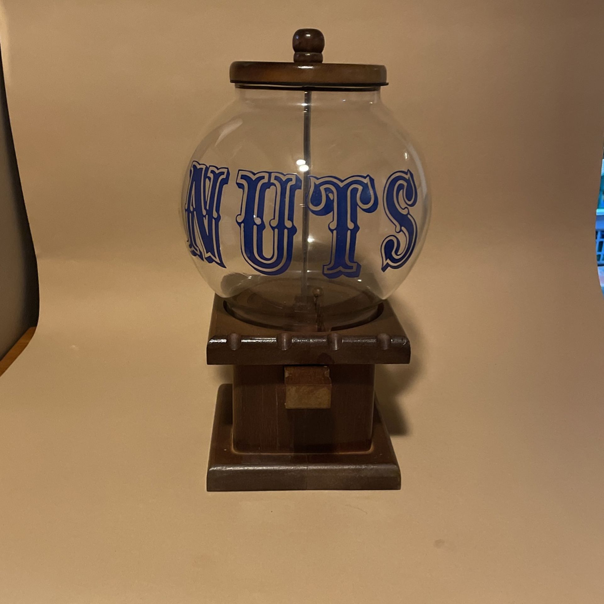 Antique Wooden & Glass Nut Dispenser, Great Shape, Nice Graphic