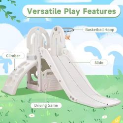 4-in-1 Toddler Climber and Slide Set with Basketball Hoop, Kids Climber and Bus Playhouse Slide Playset,