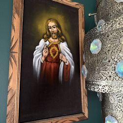 Vintage Jesus Sacred Heart Religious Black Velvet Painting