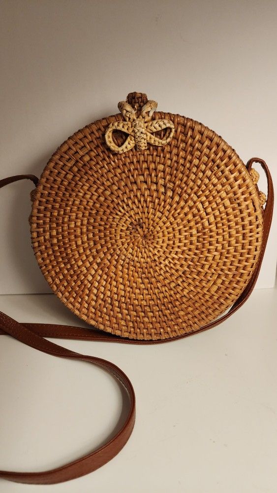 Round Rattan Woven Purse Saddle Style