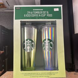 24 oz Starbucks Tumbler Set with Iced Coffee K-Cups, 2-count, Assorted Colors