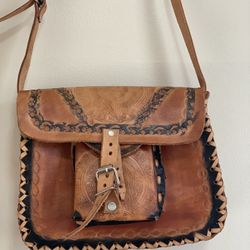 Vintage Mexican Hand Tooled Leather Crossbody Bag Aztec Mayan Chalma Buckle 9”