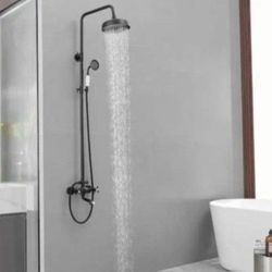 BWE 1-Spray Bathroom Outdoor Wall Bar Shower Kit with Tub Faucet and Double Cross Handle in Matte Black (Valve Included)