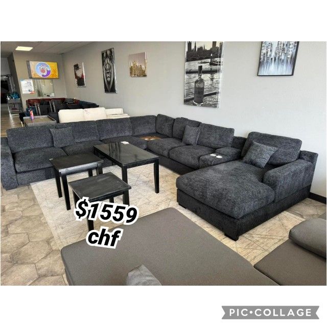 141.5"W Charcoal Chenille Fabric Corner Sectional Sofa with Right-Facing Chaise, Cupholders, and Charging Ports