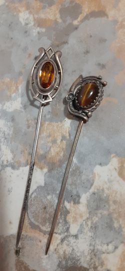 2 STERLING SILVER Vintage STICK PINS Citrine Quartz & Tigers Eye 