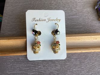 Betsey Johnson Inspired Rose Skull Golden Earrings W/ White Rhinestones & an Enamel  Rose; Lever Back Closures