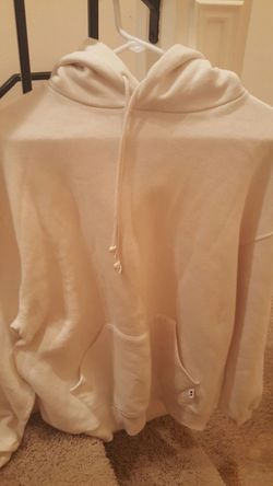 Clean Russell Athletics cream colored hooded sweatshirt size Large