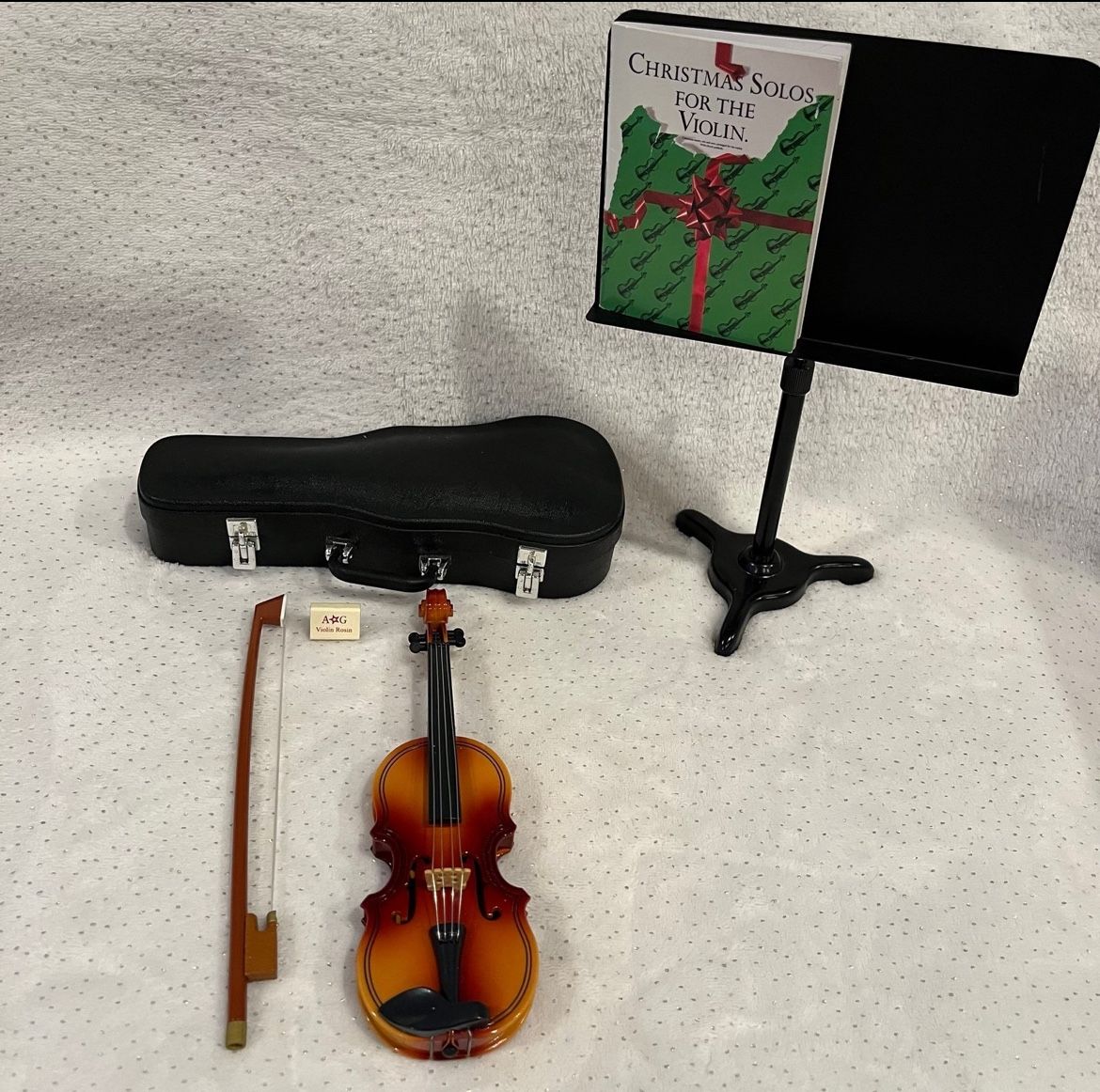 American Girl Doll Violin Set Stand Rosin Music Booklet Bow Velvet Lined Case